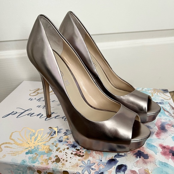 Aldo Dark Metallic Silver Peep Toe Heels - Picture 1 of 5